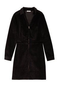 Robe en velours côtelé noir avec un col, fermeture éclair à l'avant, manches longues et taille cintrée. Elle présente une texture lisse et une coupe au niveau des genoux.