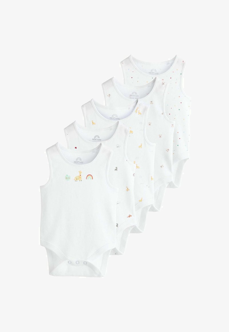 Five white cotton sleeveless baby bodysuits, featuring various animal prints and patterns, with snaps at the bottom for easy changing.