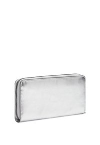 Srebrny portfel na zamek wykonany z gładkiej skóry w kształcie prostokąta, z zaokrąglonymi rogami i widocznym detalem zamka.