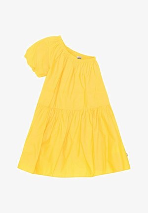 Geel off-shoulder jurk van lichtgewicht stof, met pofmouwen en een gelaagd, vloeiend ontwerp. Gladde textuur met elastische halslijn.