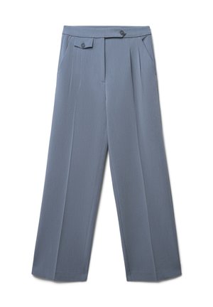 Pantaloni a gamba larga blu chiaro realizzati in tessuto morbido, caratterizzati da due bottoni, pieghe frontali e tasche laterali.