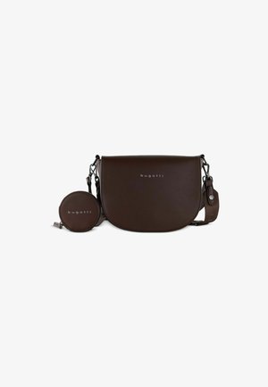 Brown leather crossbody bag with a matching round coin purse. Features a smooth texture, magnetic clasp, and silver hardware accents.