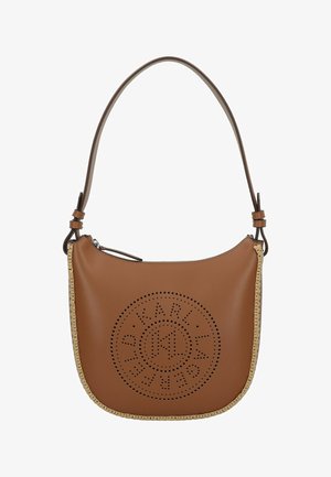 Braune Ledertasche mit einem perforierten Logo in Kreisform. Verfügt über eine abgerundete Form und einen geflochtenen Randdetail. Verstellbarer Schulterriemen.