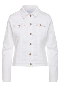 Bílá džínová bunda s límcem, zapínání na přední knoflíky, dvě náprsní kapsy a dlouhé rukávy. Texturovaná tkanina s hnědými knoflíkovými detaily.