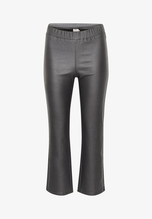 Black faux leather cropped pants with an elastic waistband and a fitted silhouette, featuring a smooth texture and clean seams.