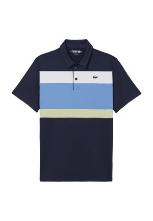 Polo da uomo a maniche corte con colletto blu navy, strisce orizzontali bianche, blu e verde chiaro, e logo coccodrillo verde Lacoste sul petto.