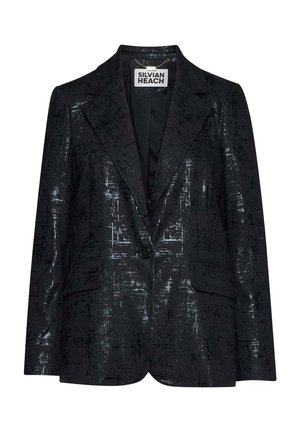 Blazer nero a un bottone con motivo testurizzato lucido, rever a lancia, tasche con patta e etichetta Silvian Heach all'interno del colletto.