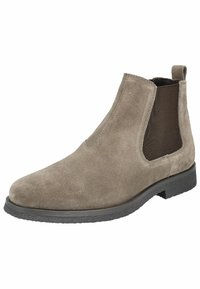 Stivaletto in suede grigio chiaro con pannelli elastici laterali e suola in gomma testurizzata. Presenta una punta arrotondata e dettagli di cucitura minimi.