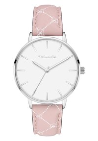 Montre argentée avec un cadran blanc et des marqueurs d'heure minimalistes. Elle possède un bracelet en cuir rose à motif avec des points et des cercles entrelacés.