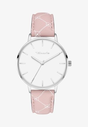 Silver-tone watch with a white face and minimalist hour markers. Features a pink patterned leather strap with interconnected dots and circles.