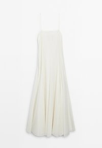 Weißes, ärmelloses Kleid mit dünnen Trägern, lockerer Passform und fließendem Rock. Der Stoff wirkt leicht und glatt mit einem minimalistischen Design.