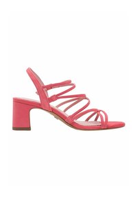 Roze suède sandaal met hak, voorzien van een blokhak, meerdere dunne bandjes over de voet en een open achterkant. Platte zool en ronde neus.