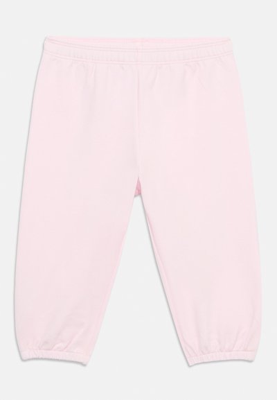 Ljust rosa, midikjolslängd byxor med elastisk midja och rynkade manschetter. Tillverkad av mjukt, slätt tyg med en enkel design.
