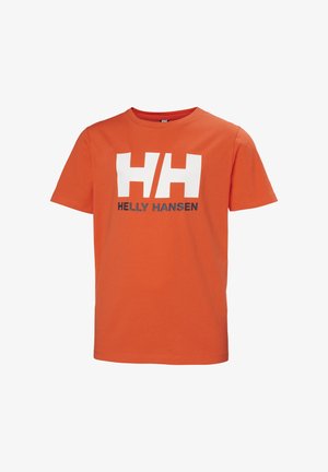 Camiseta de algodón de manga corta color naranja, con un gran logo blanco "HH" y el texto "HELLY HANSEN" en negro en la parte frontal.