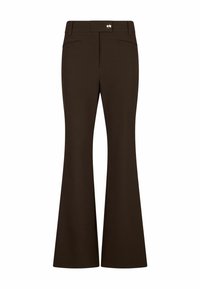 Pantalon flare taille haute marron foncé avec poches devant et fermeture par bouton à la taille.