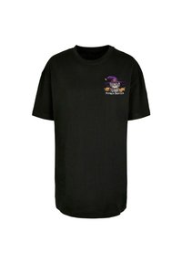 Sort bomulds t-shirt med korte ærmer, prydet med et farverigt grafik af en tiger iført en lilla hat og teksten "PUMPKIN PROWLER."