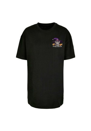 Schwarzes Baumwoll-T-Shirt mit kurzen Ärmeln, das ein buntes Grafikdesign eines Tigers in einem lila Hut und den Text "PUMPKIN PROWLER" zeigt.