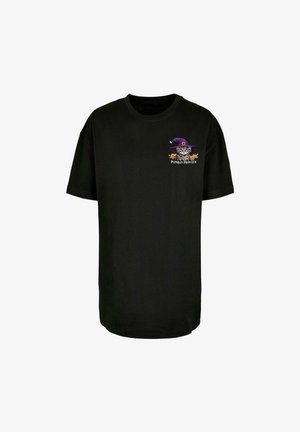 T-shirt en coton noir à manches courtes, présentant un graphique coloré d'un tigre portant un chapeau violet et le texte "PUMPKIN PROWLER."