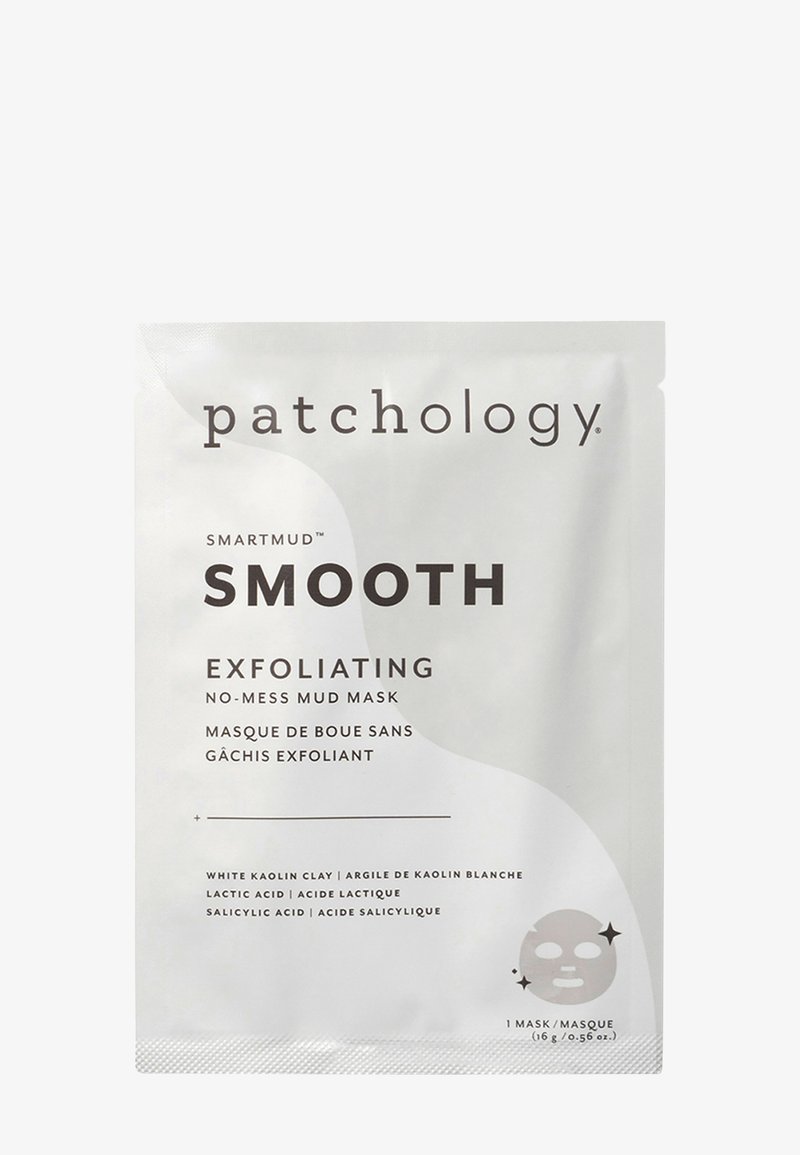 Peeling-Mudmaske-Paket in Weiß mit schwarzem Text. Enthält Inhaltsstoffe: weiße Kaolinerde, Milchsäure, Salicylsäure. 16g.