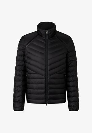 Zwarte gewatteerde jas met een hoge kraag, ritssluiting en chevron-stiksel. Voorzien van zijzakken en een gladde textuur.