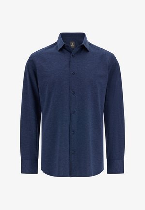 Donkerblauw overhemd met lange mouwen van zachte stof, met een knoopsluiting aan de voorkant, een klassieke kraag en een afgeronde zoom.