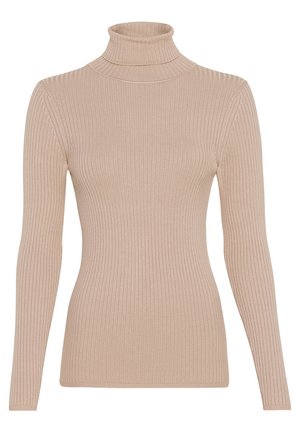 Beiger gerippter Rollkragenpullover mit langem Arm, schmaler Passform und feinem vertikalem Strickmuster.