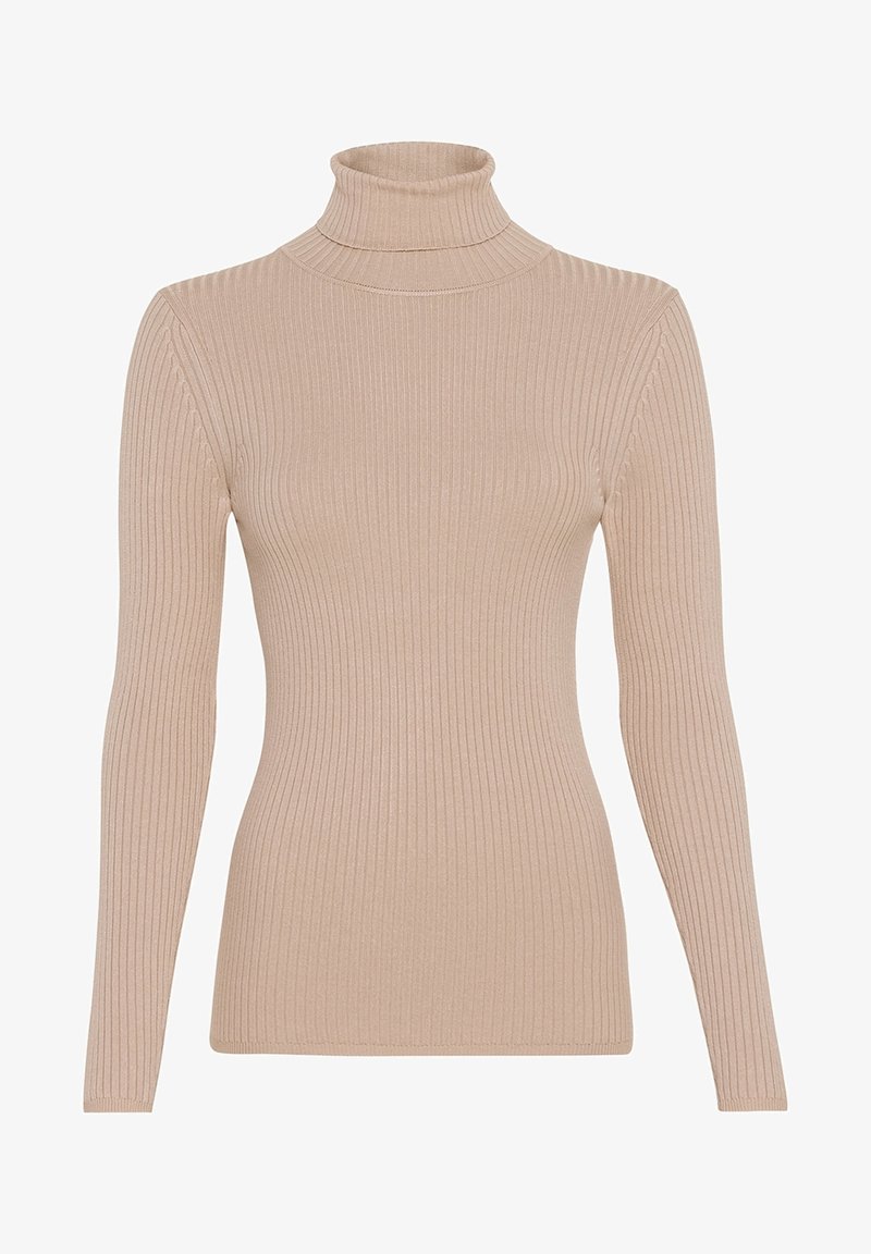 Pull à col roulé beige côtelé à manches longues, coupe ajustée et motif fin en maille verticale.