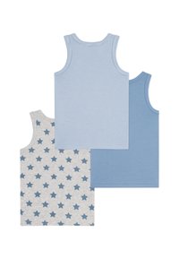 Three sleeveless tops in shades of blue. One light blue with stripes, one solid blue, and one light gray with blue star patterns. Cotton material.