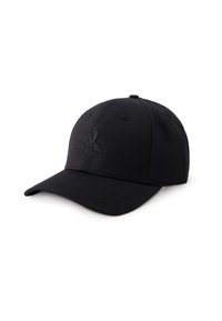 Gorra de béisbol negra hecha de algodón, con visera curva, seis paneles y un logotipo en relieve en la parte frontal. Textura suave y diseño clásico.