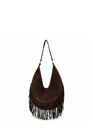 Braune Velours-Schultertasche mit langen Fransen und einem einzelnen Riemen, mit abgerundeter, halbmondförmiger Form.