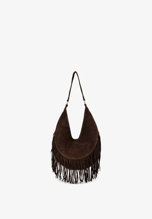 Brown suede shoulder bag with long fringe detailing and a single strap, featuring a rounded, crescent shape.