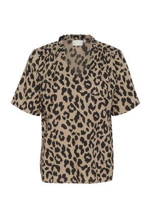 Bluză cu mânecă scurtă, de tip V, cu imprimeu leopard pe un material bej cu pete negre, având o croială lejeră și detalii de decolteu pliate.