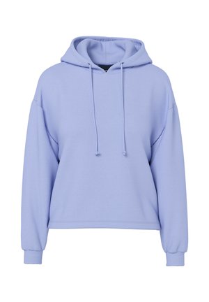 Lyse lilla cropped hoodie med lange ærmer, snore foran og ribbede manchetter på en hvid baggrund.