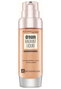 Fondotinta liquido in una bottiglia trasparente con un tappo a pompa argentato, etichettato "Dream Radiant Liquid," tonalità 41, con un'aspetto beige.