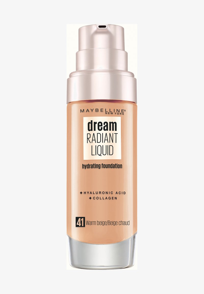 Fondotinta liquido in una bottiglia trasparente con un tappo a pompa argentato, etichettato "Dream Radiant Liquid," tonalità 41, con un'aspetto beige.