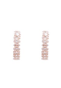 Orecchini in cristallo trasparente con dettagli in oro rosa; elementi ovali disposti in modo verticale, con una superficie texturizzata.