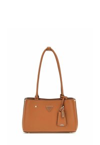 Sac à main en cuir synthétique marron avec une forme structurée, deux poignées, quincaillerie en ton argent, plaque logo et étiquette amovible.