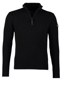 Pull-over en maille côtelée noire avec manches longues et col à fermeture éclair quart de tour, avec un petit écusson logo sur la manche gauche.