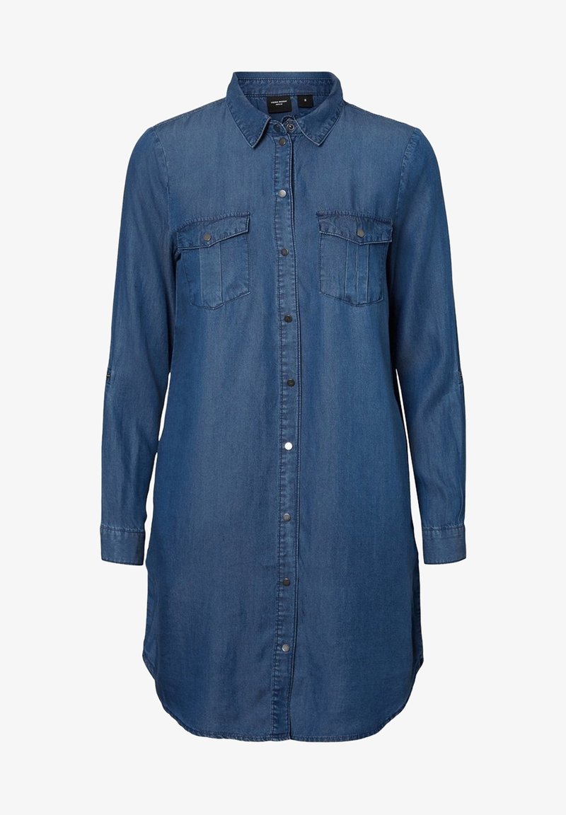 Robe chemise en jean, bleu foncé, manches longues, avec boutonnière à l'avant, deux poches poitrine avec rabats, ourlet arrondi, texture douce.