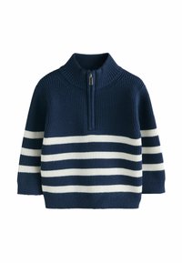 Marineblauer Pullover mit hohem Kragen und Viertelreißverschluss. Verfügt über vertikale Rippung und horizontale weiße Streifen. Weicher, strukturierter Strickstoff.