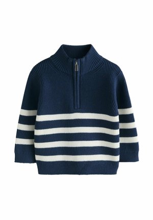 Navy pullover with a high collar and quarter zip. Features vertical ribbing and horizontal white stripes. Soft, textured knit fabric.