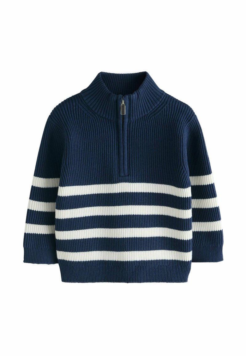 Marineblauer Pullover mit hohem Kragen und Viertelreißverschluss. Verfügt über vertikale Rippung und horizontale weiße Streifen. Weicher, strukturierter Strickstoff.