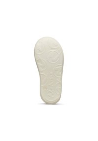 Witte rubberen schoenzool met een textuurpatroon van ronde logo's en richels langs de randen, met gemolded branding.