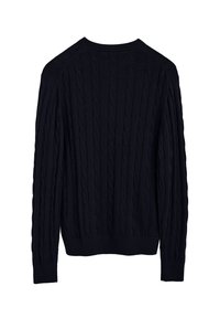 Marinblå kabelstickad tröja med långa ärmar, ribbad halsringning och muddar, med ett strukturerat mönster genom hela plagget och en rak fåll.