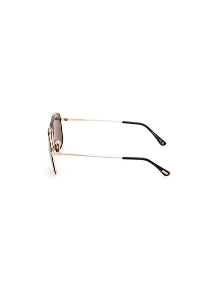 Metal sunglasses with a gold frame, dark gradient lenses, and black acetate temple tips. Slim temples and a geometric design.