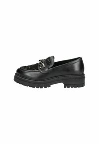 Sorte læder loafers med et struktureret sort stofpanel, der har en sølvkæde detalje på tværs af fronten og en kraftig gummisål.
