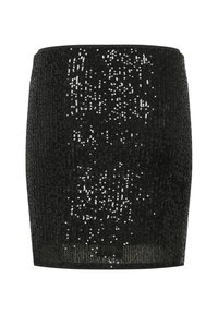 Mini-jupe en sequins noirs avec une coupe ajustée, présentant une texture côtelée et des motifs de sequins variés pour un intérêt visuel accru.