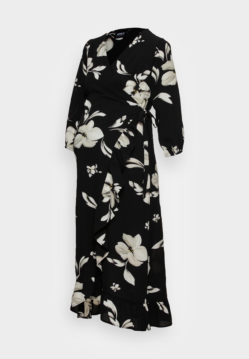 Robe portefeuille noire ornée de motifs floraux blancs, manches longues, ourlet volanté et fermeture à nouer à la taille. Confectionnée dans un tissu léger.