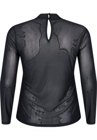 Top nero a maniche lunghe con apertura a chiave sul retro, realizzato in materiale trasparente, con una texture liscia e orlo arrotondato.