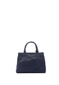 Borsa a mano in pelle blu con finitura testurizzata, forma rettangolare, doppi manici superiori e chiusura con zip. Design minimalista, senza accenti hardware visibili.
